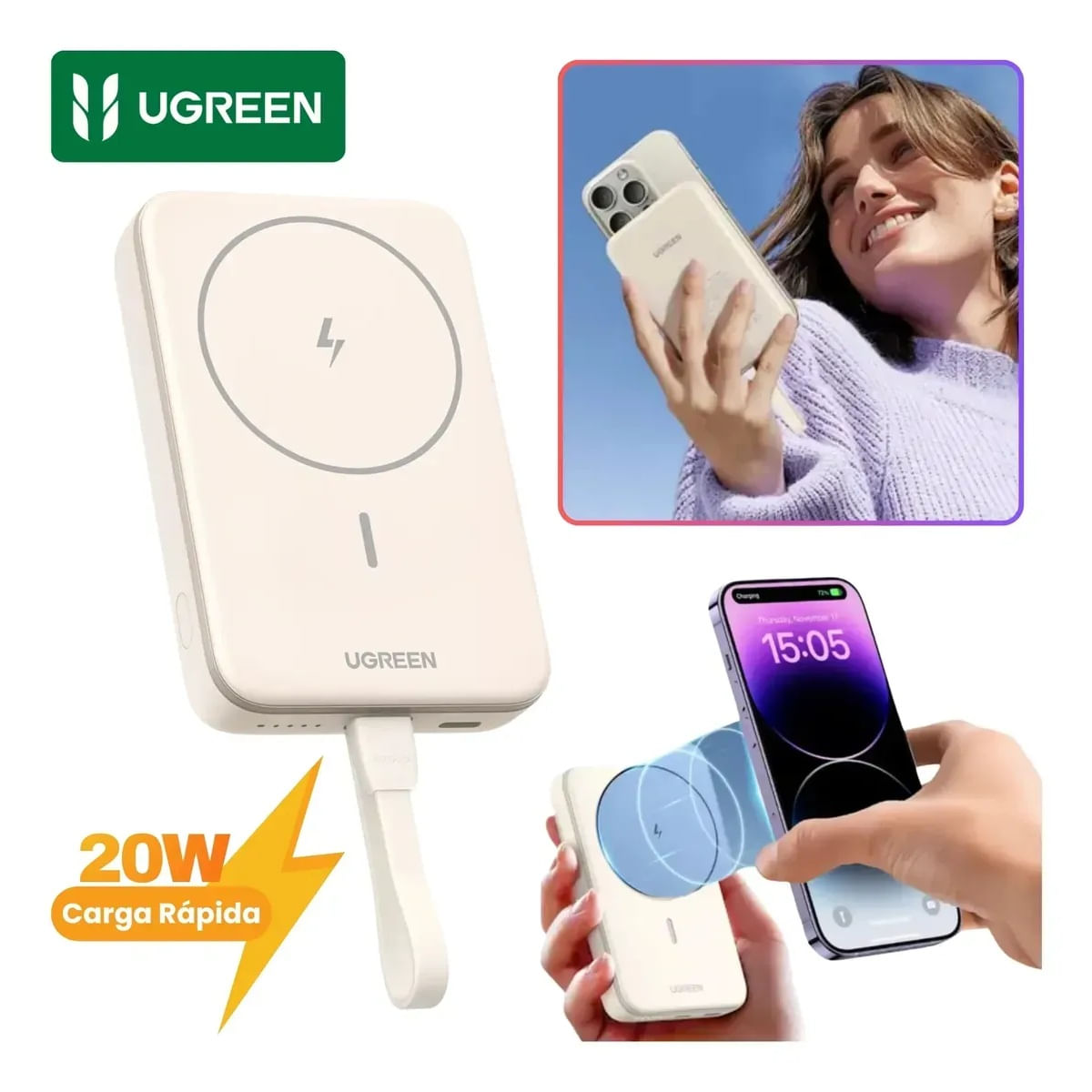 Ugreen Power Bank Inalámbrico Magnético 10000mah Pb760- Beige