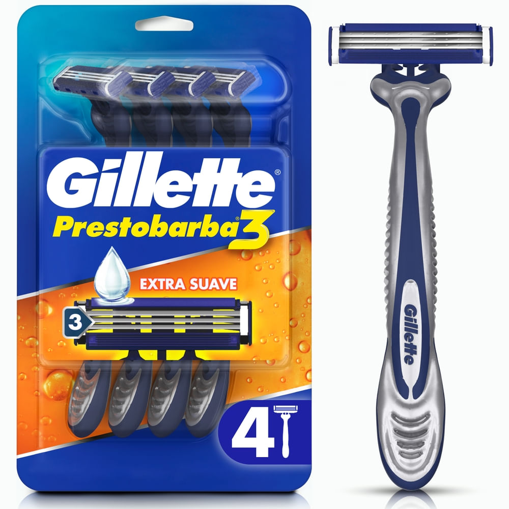 Máquina de Afeitar GILLETTE Prestobarba3 con 3 Hojas, Afeitada al Ras Caja 4un