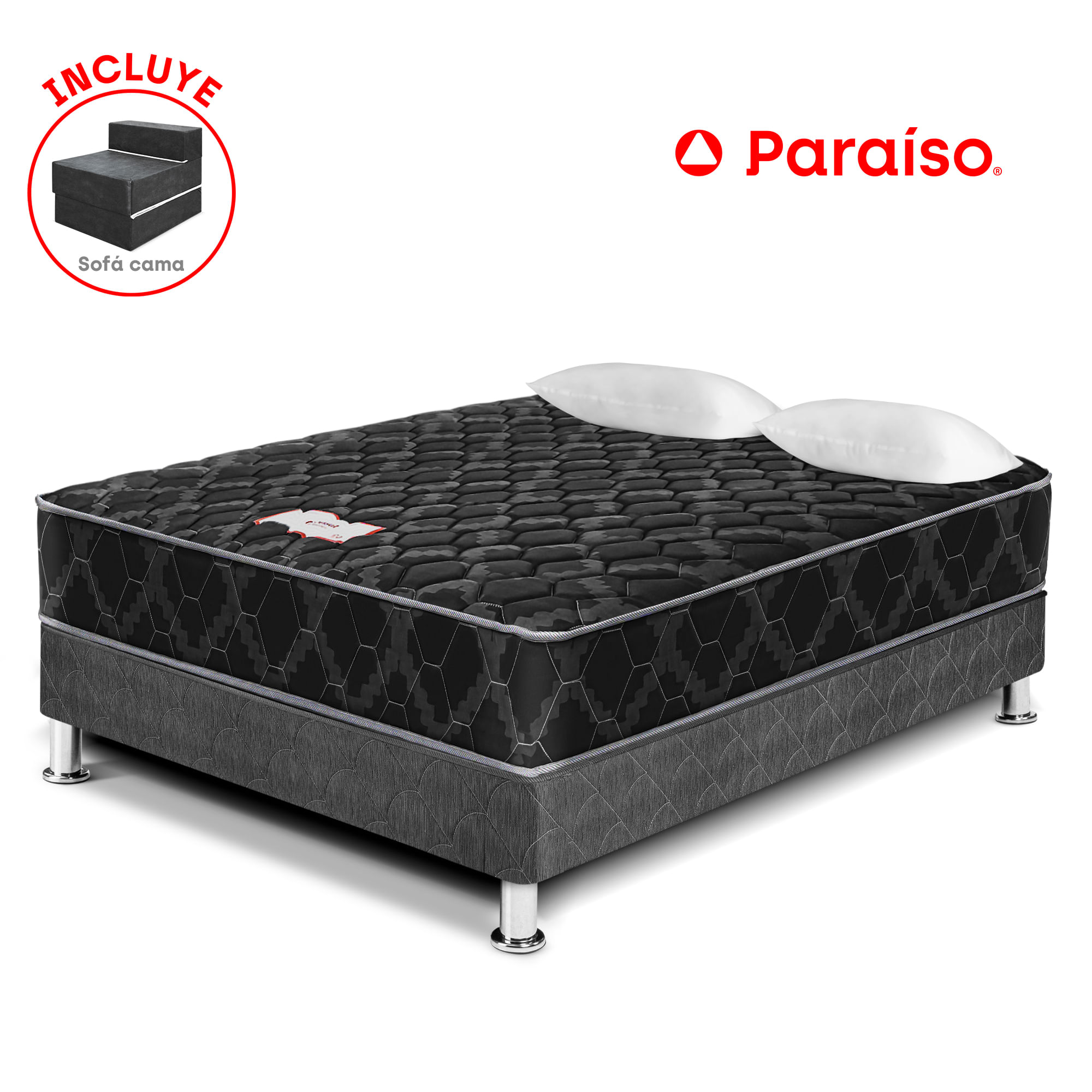 Cama Box Tarima PARAISO Consul Black 2 Plazas + Sofá Cama + 2 Almohadas + Protector