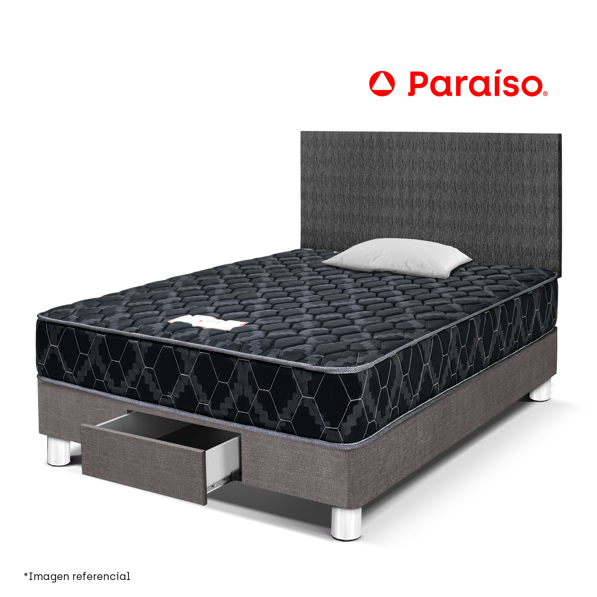 Dormitorio PARAISO Consul Black con Cajones 1.5 Plazas + Almohadas + Protector