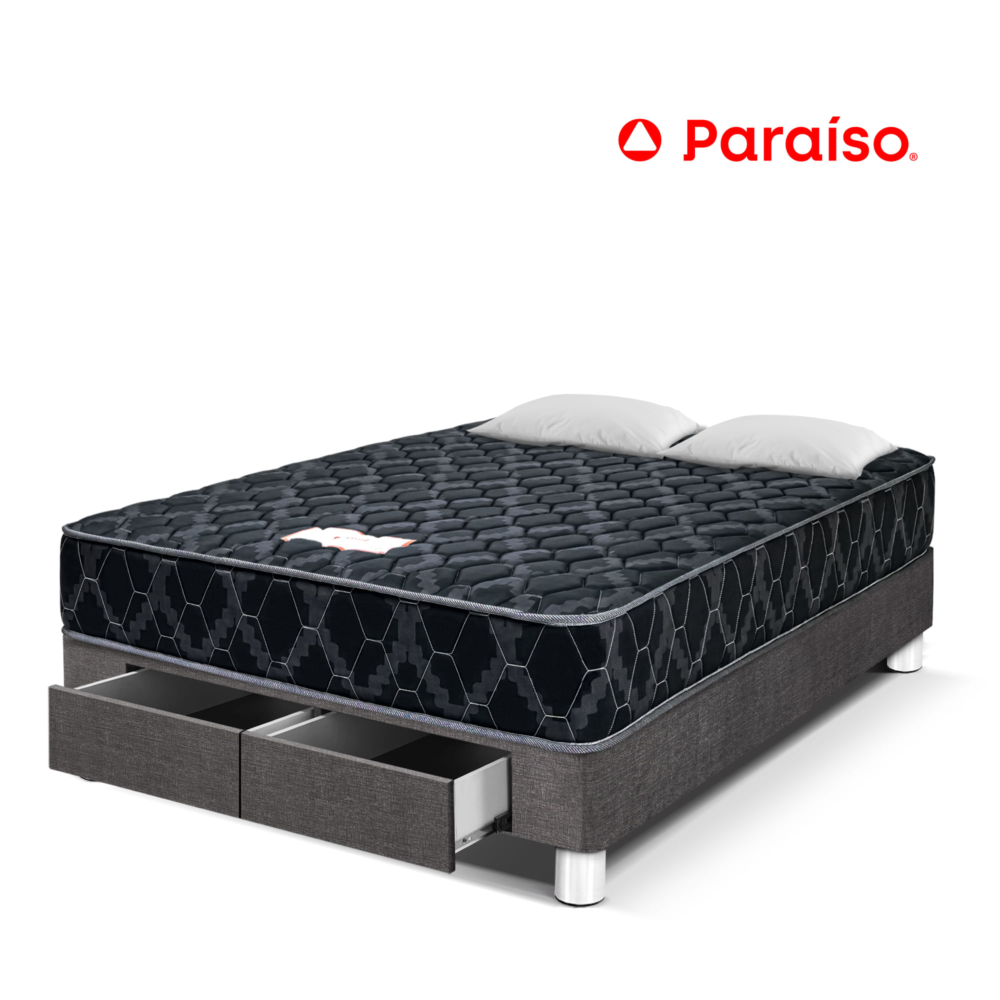 Cama PARAISO Consul Black con Cajones 2 Plazas + Almohadas + Protector