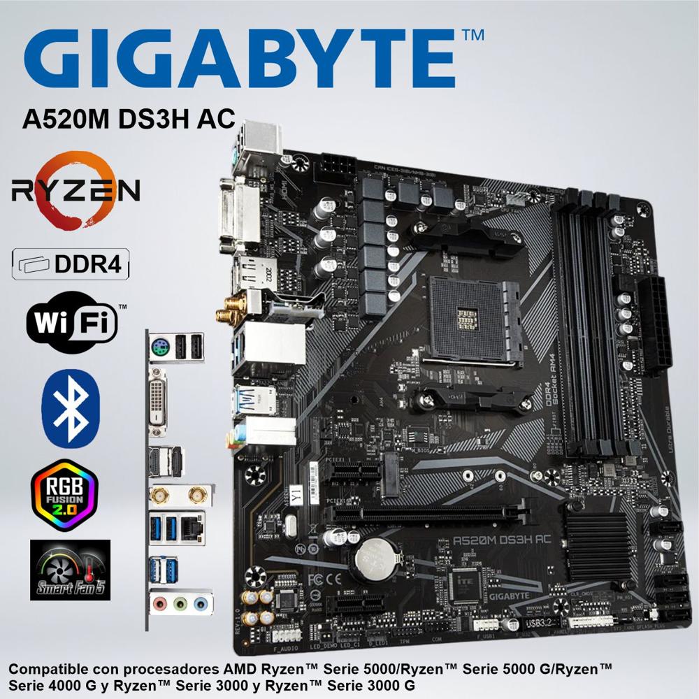 PLACA GIGABYTE AMD RYZEN A520M DS3H AC WIFI DDR4