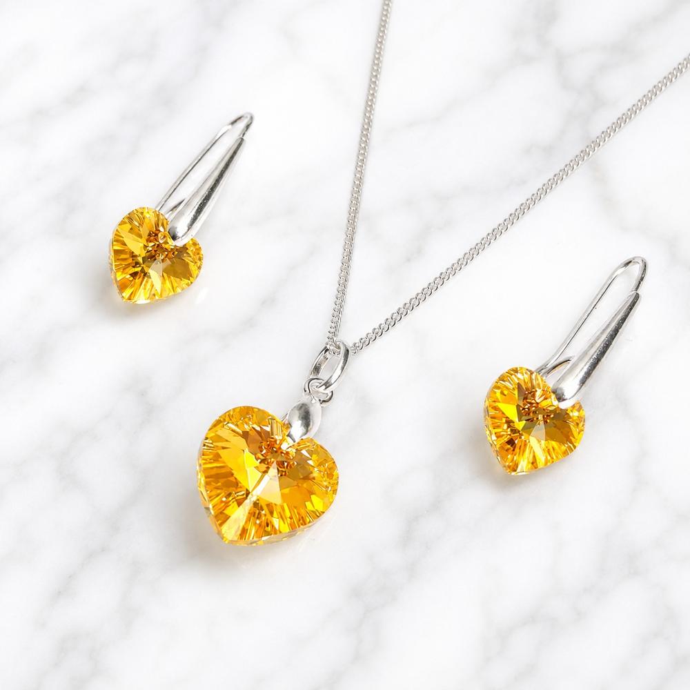 Collar y Aretes Set de Plata 925 con Dijes Corazón de Cristal Amarillo Regalo Ideal para Enamorar