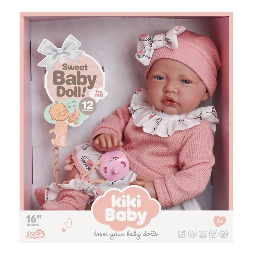 Muñeca Tipo Reborn Kiki Baby Ropa Rosada 40 cm mas 12 Sonidos