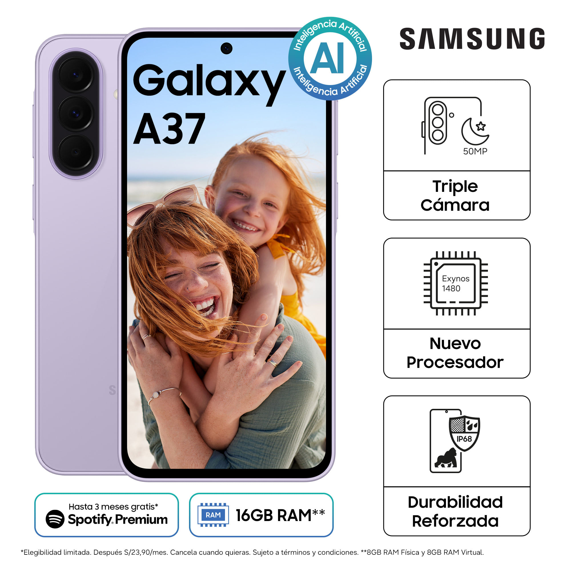 Smartphone SAMSUNG Galaxy A37 6.7"" 8GB 256GB 50 MP Light Violet