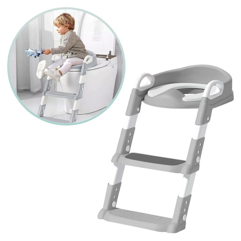 Asiento de Inodoro de Baño con Escalera para Niños Gris BC-106 Cojín PP