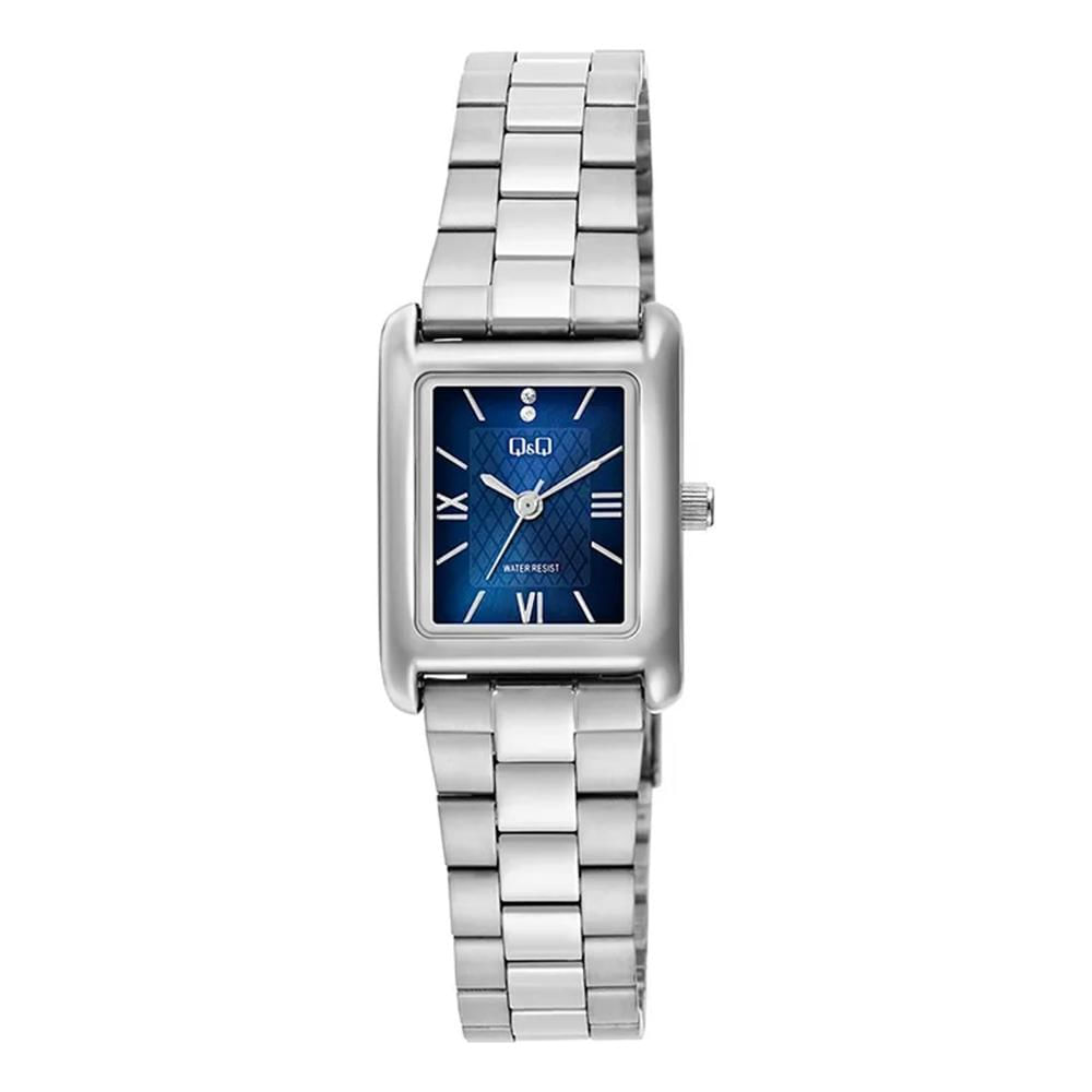 Reloj QyQ Mujer Plateado Rectangular Esfera Azul Analógico