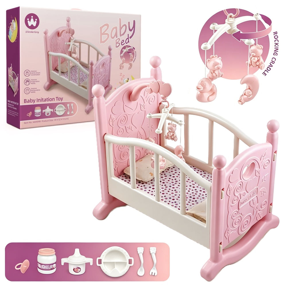 Cuna Rosada para Muñecas con Accesorios