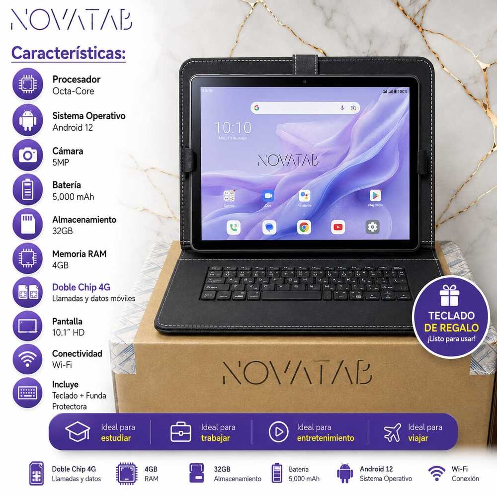 Tablet Novat-15 con pantalla 10.1 4GB 32GB CHIP Memoria expandible con teclado con cable