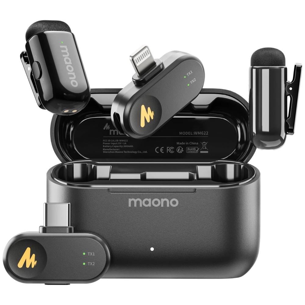 MAONO Micrófono Inalámbrico Wave T1 USB-C Lightning IA Cancelación de Ruido MFi 30H WM622 PBC2