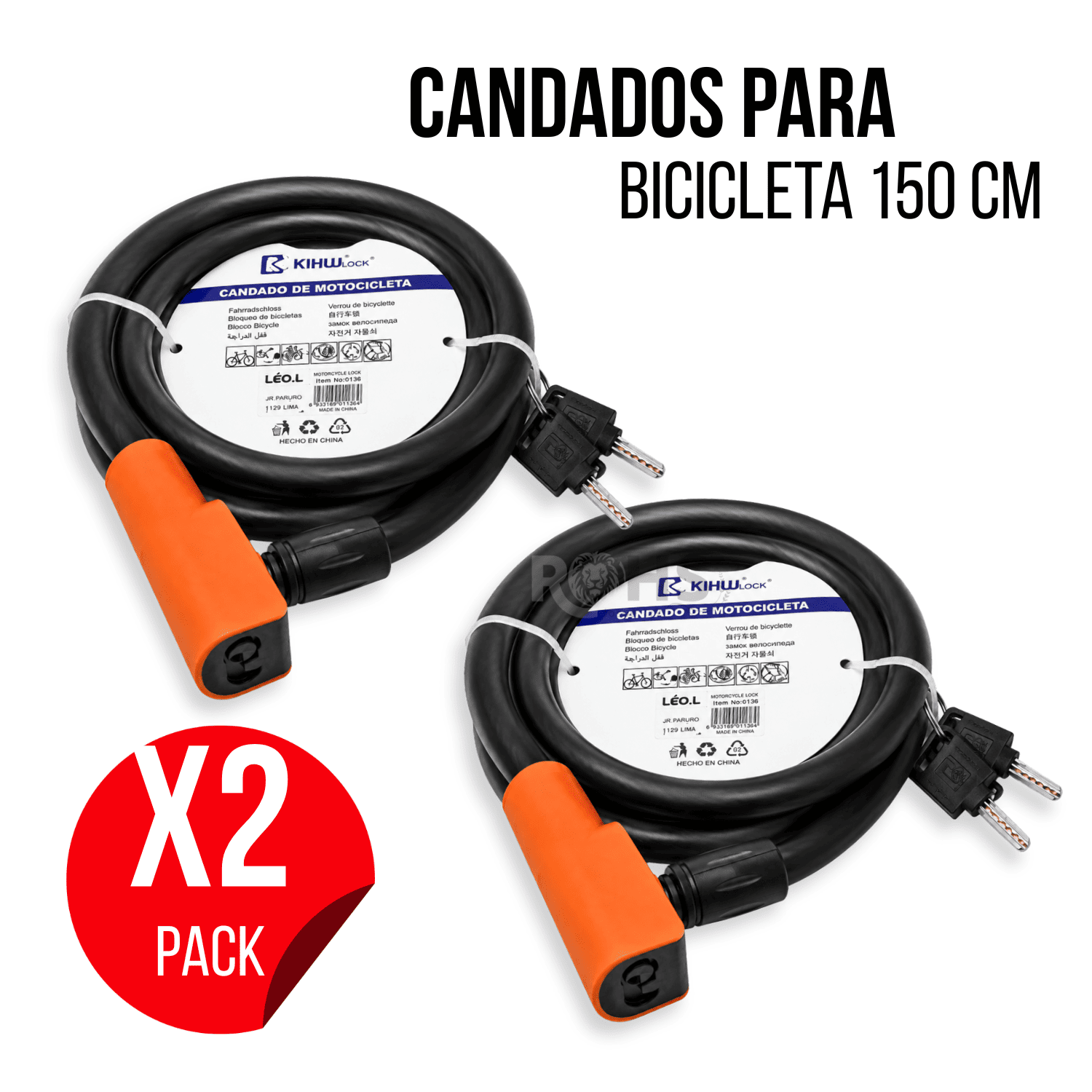 Pack X2 Candados Para Bicicleta Negro 150 cm Cable De Seguridad Con Llave Antirrobo Verde