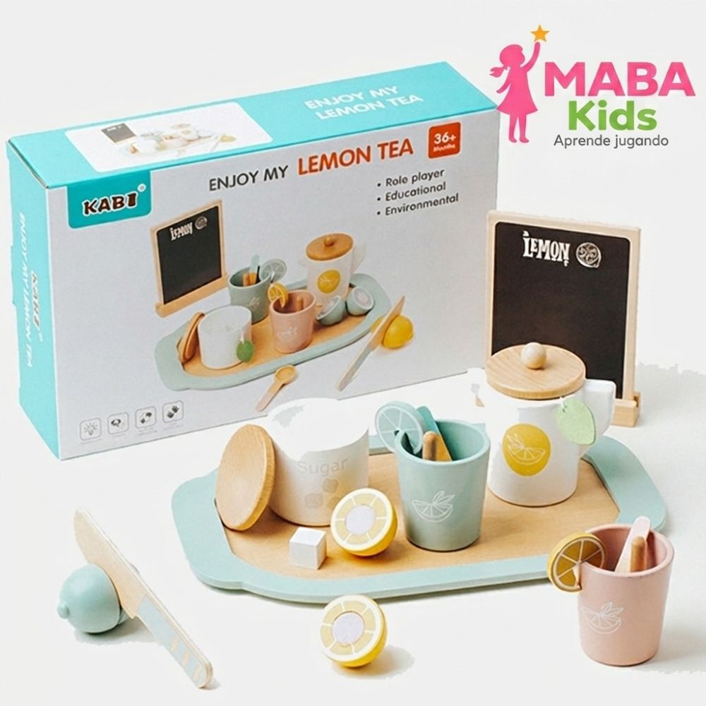 Set de té con limón y pizarra de menú Montessori