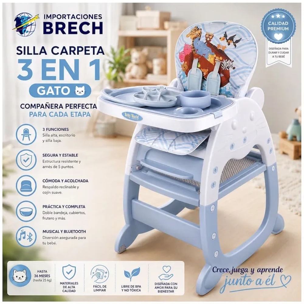 SILLA DE COMER PARA BEBE 3 EN 1 GATO CON BLUETOOTH- MÚSICAL- MESA DIDACTICA Y ACCESORIOS PREMIUM