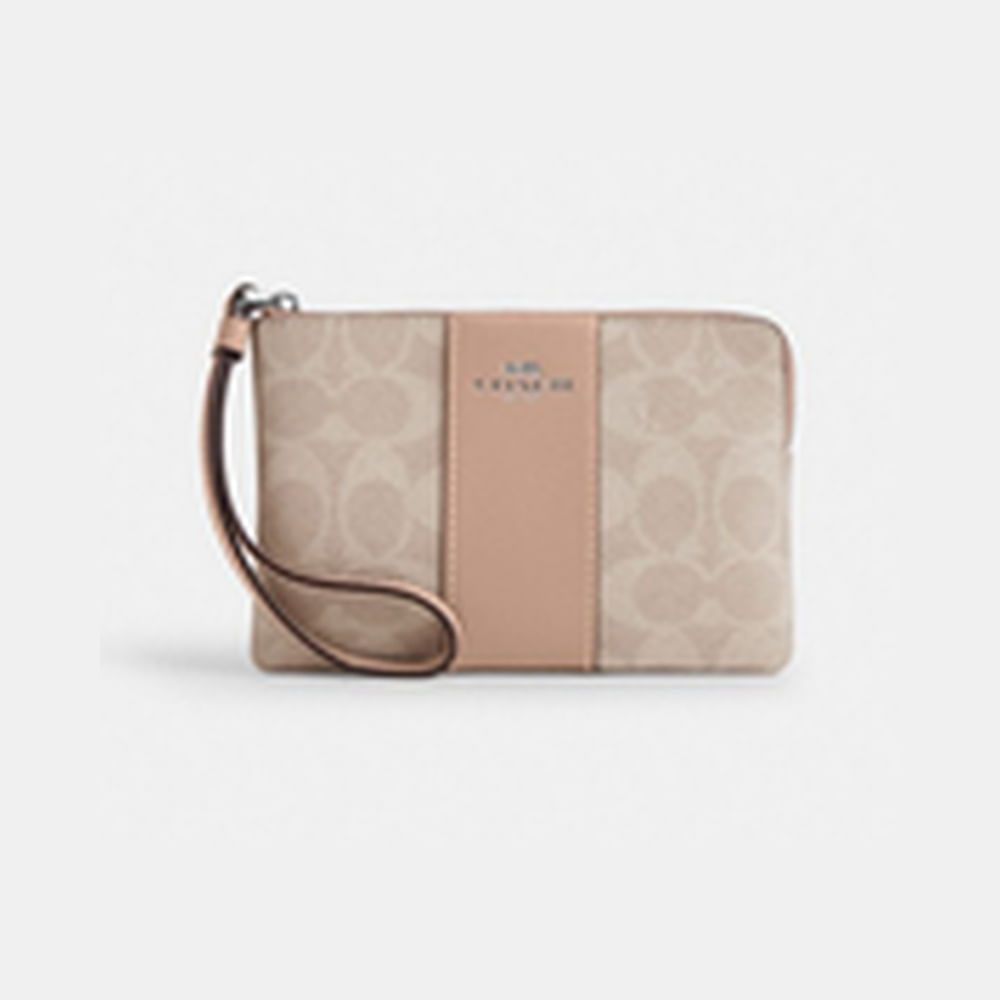 Billetera de mujer Coach elegante y duradera beige rosado monogram