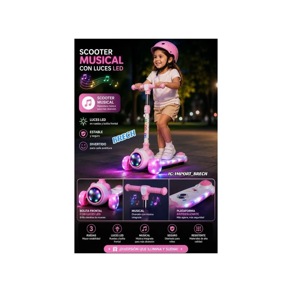 Scooter Infantil Rueda Ancha con Luces LED y Músical Modelo Osito Rosa