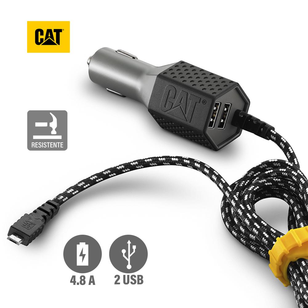Cargador De Auto CAT 2 Puertos USB + Cable Micro USB Resistente 4.8A Negro