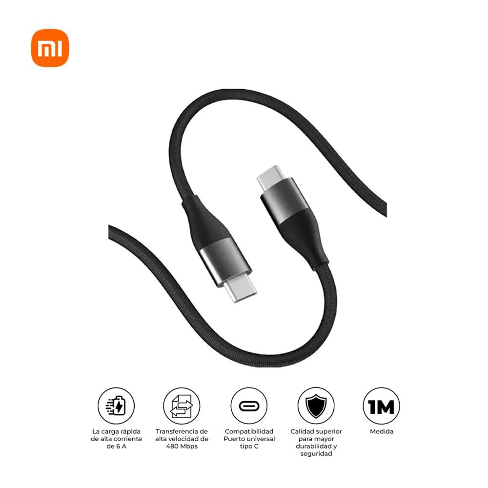 Cable Xiaomi USB-C a USB-C 6A 1m Trenzado 120W HyperCharge Carga Rápida Negro Gris