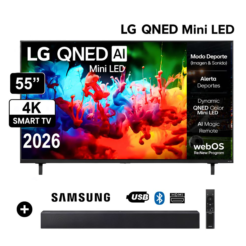 Televisor LG 55  MiniLED QNED 4K ThinQ AI 55QNED65BSA 2026 -  Soundbar Samsung