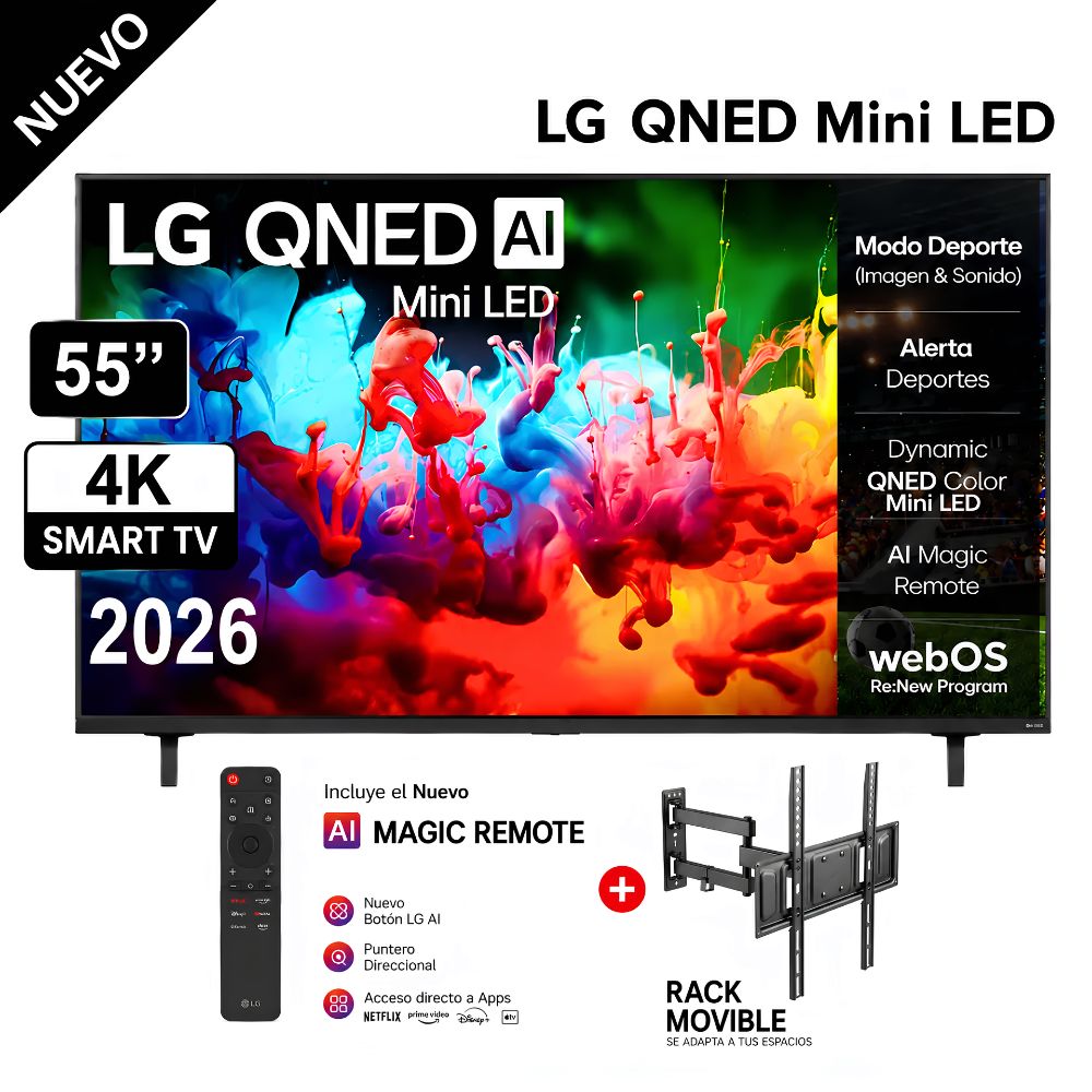 UHHTelevisor LG 55  MiniLED QNED 4K ThinQ AI 55QNED65BSA - 2026 - Rack Movible