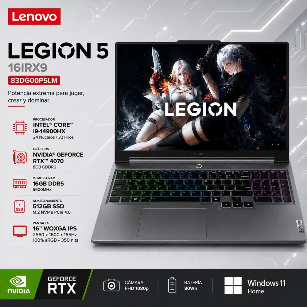 Laptop Gamer Lenovo Legion 5 Core i9-14900HX 16GB DDR5 512GB SSD RTX 4070 8GB 16  WQXGA 16IRX9