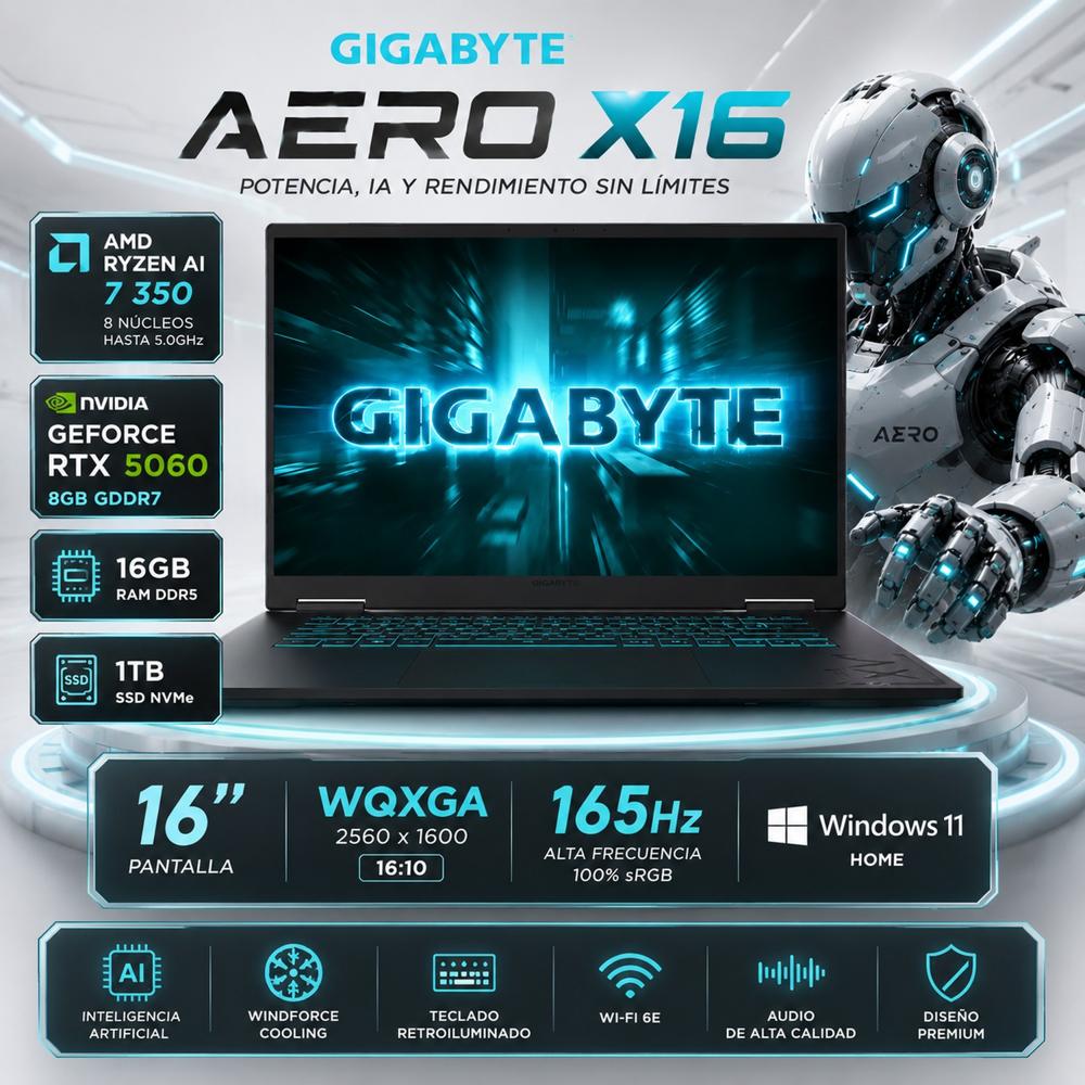 Laptop Gamer Gigabyte AERO X16 Ryzen AI 7 350 16GB 1TB SSD RTX 5060 8GB 16 wqxga  165Hz 1VH93USC94AH