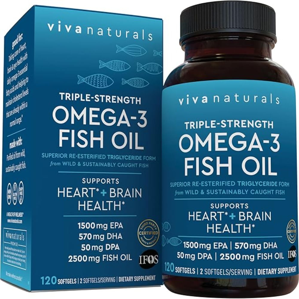 Viva Naturals Píldoras de aceite de pescado Omega 3 de triple potencia 120 capsulas