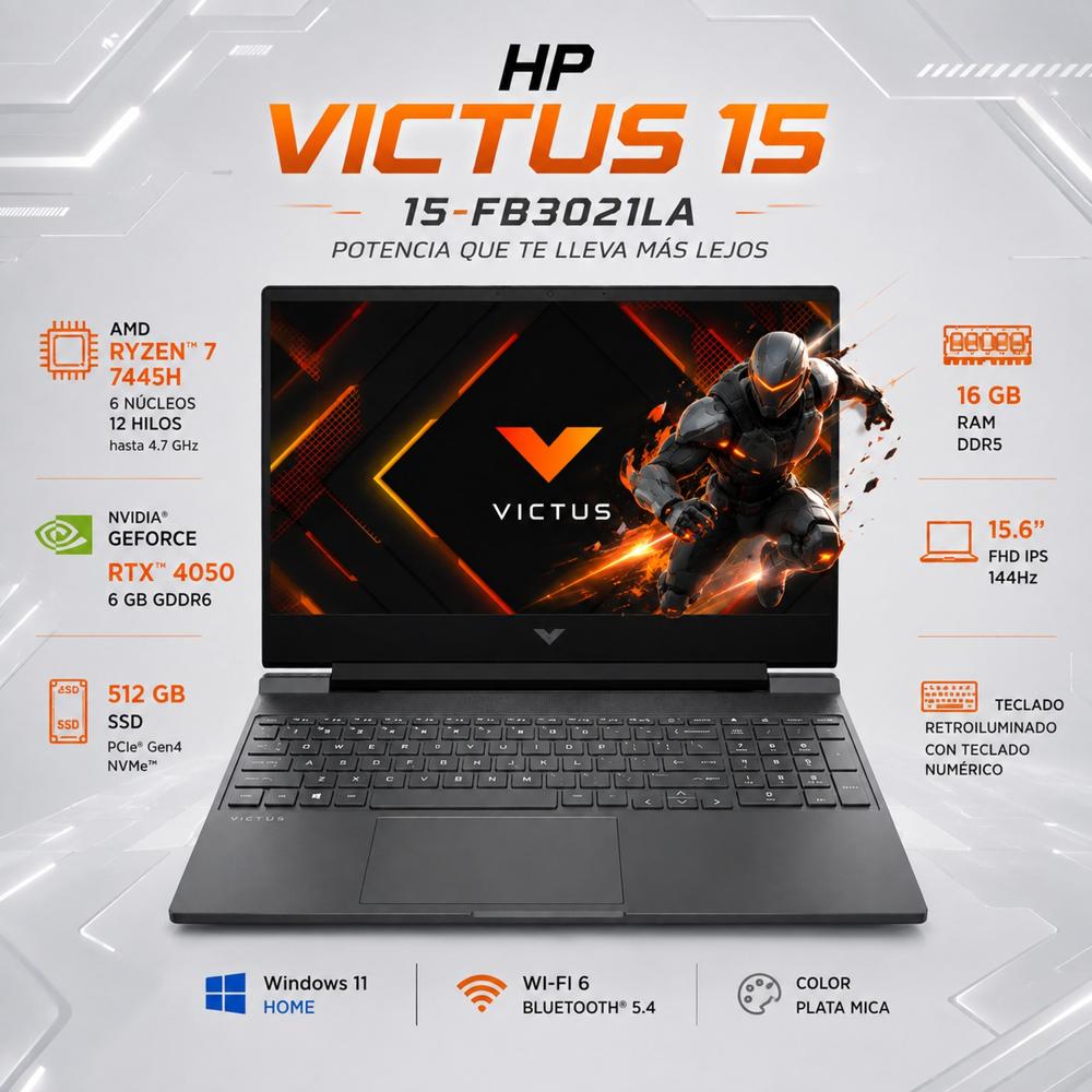 Laptop Gamer HP Victus Ryzen 7 7445H 16GB DDR5 512GB SSD RTX 4050 6GB 15.6 FHD 144Hz 15-FB3021LA