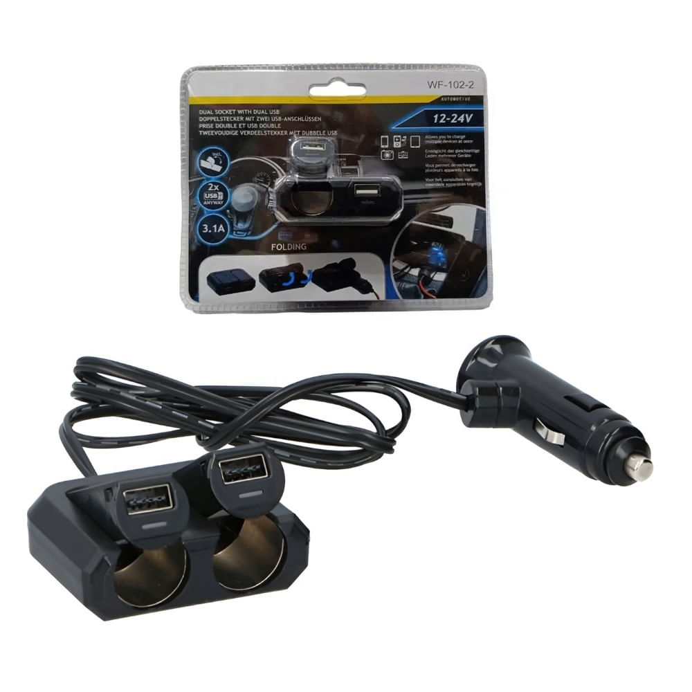 Cargador Doble para Auto USB y Cigarrera WF-102-2
