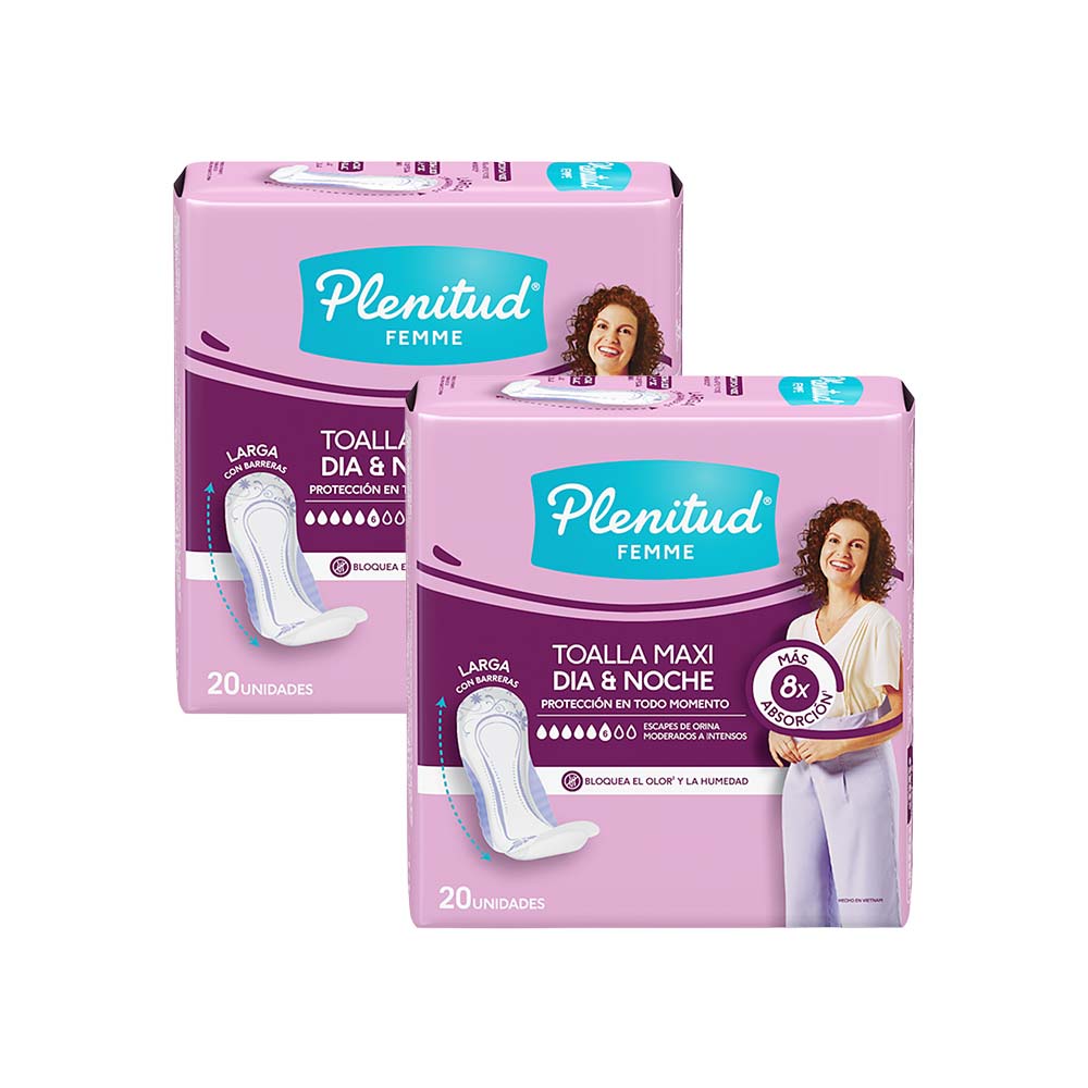 Pack Toallas Higiénicas PLENITUD Femme Maxi Día y Noche Paquete 20un x 2un