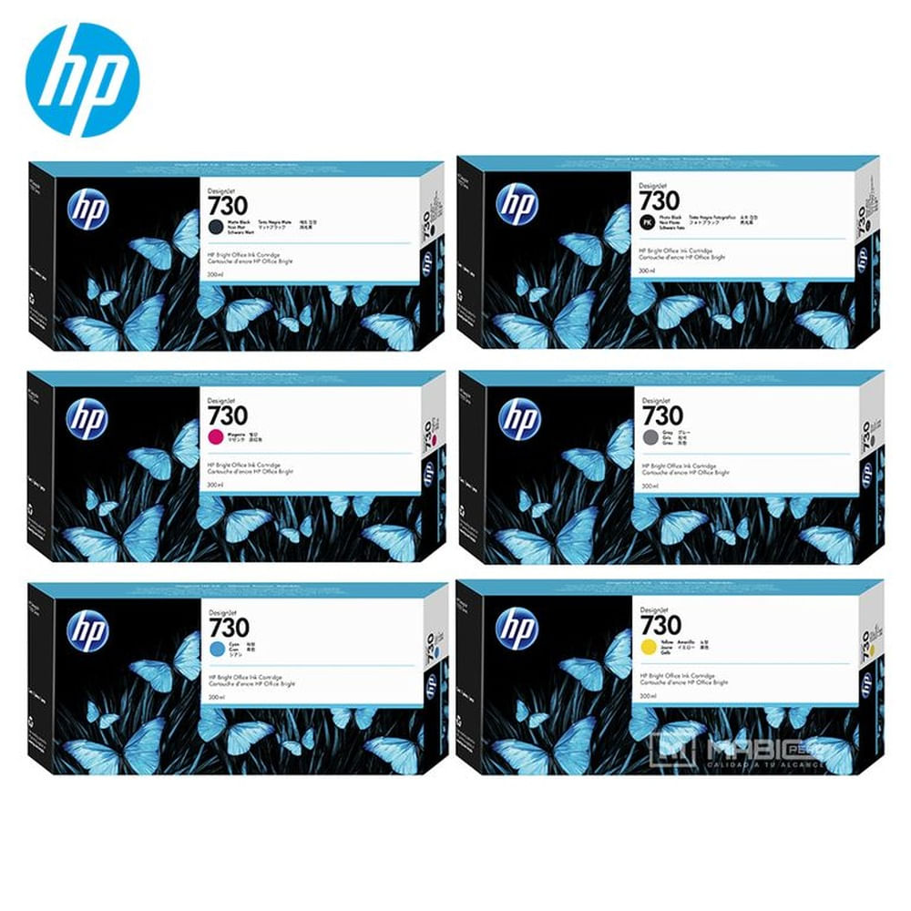 Pack 6 Tinta HP 730 DesignJet T1600, T2600, T1700 Original  - 300ml