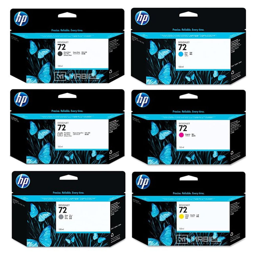 Pack 6 Tinta HP 72 DesignJet T610, T1100 Original  - 130ml