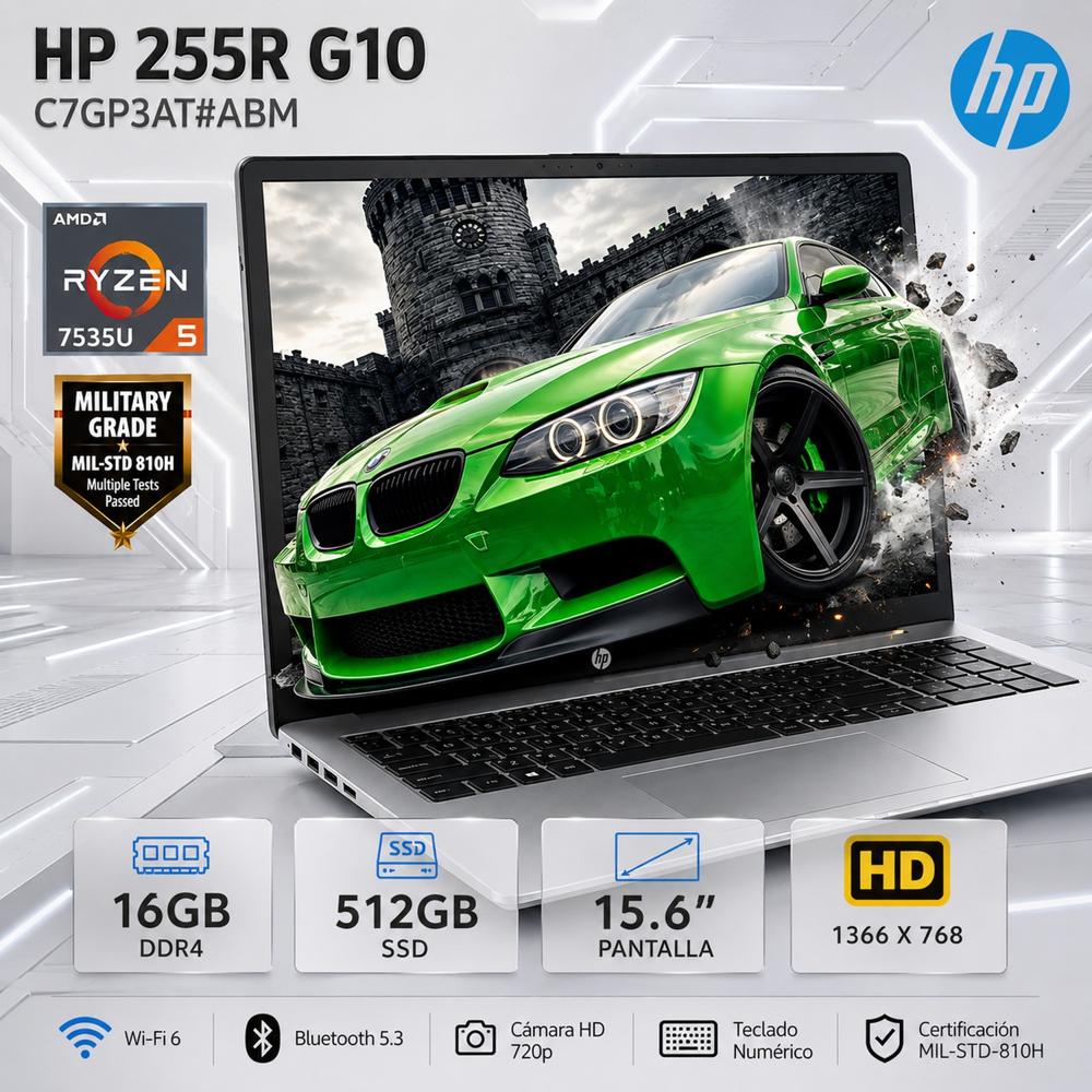 Laptop HP 255R G10 AMD Ryzen 5 7535U 16GB DDR5 512GB SSD Radeon 660M 15.6 HD Windows 11 Gris C7GP3AT