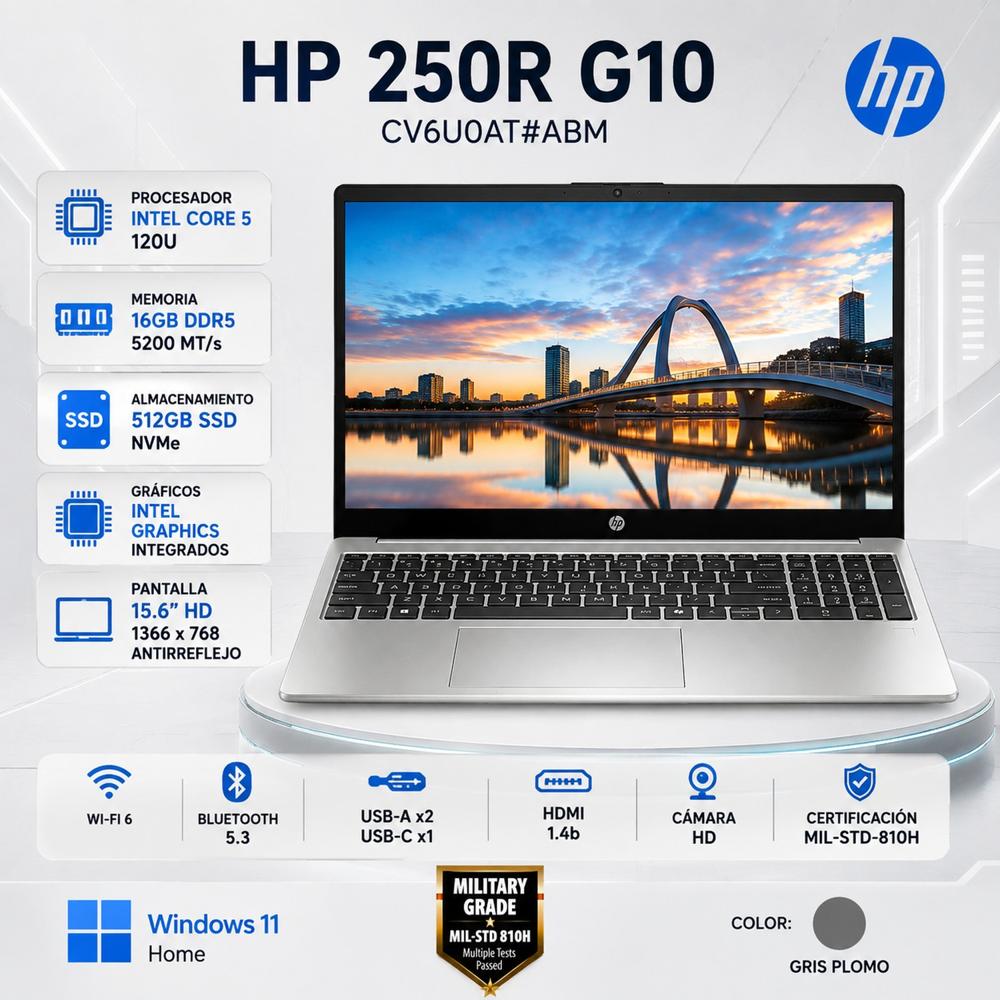 Laptop HP 250R G10 Intel Core 5 120U 16GB DDR5 512GB SSD Intel Graphics 15.6 HD Win 11 CV6U0AT