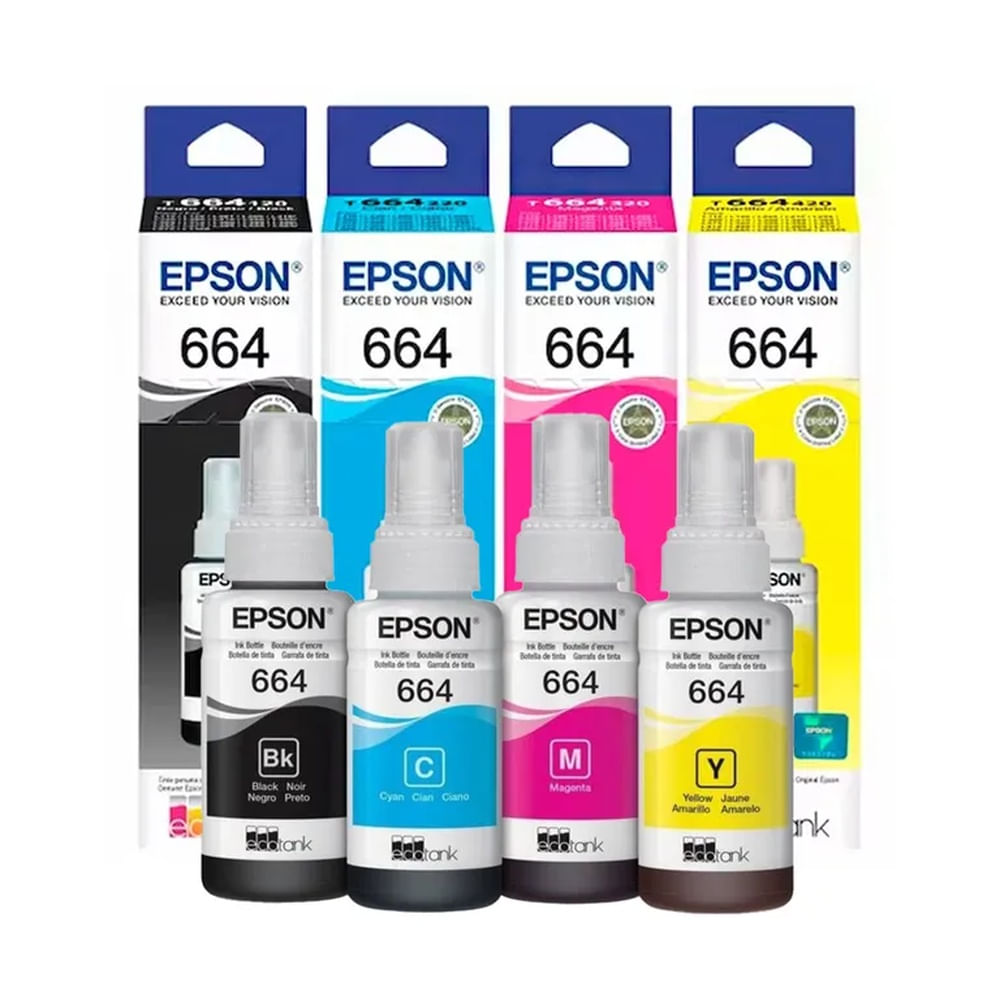 Kit 4 Tinta Epson T664 EcoTank L200, L300, L350, L1455 Original - 70ml
