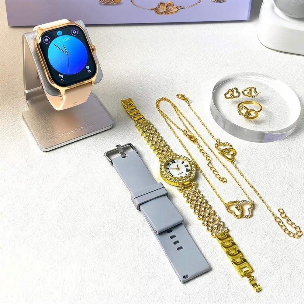 Reloj Inteligente Smartwatch D 15 GS Correas Intercambiables Rosado Gris y Accesorios Dorados