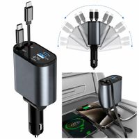 Adaptador de Carga Rápida para Auto 4 en 1 con Cables Retractiles USB C y Lightning Pantalla Digital