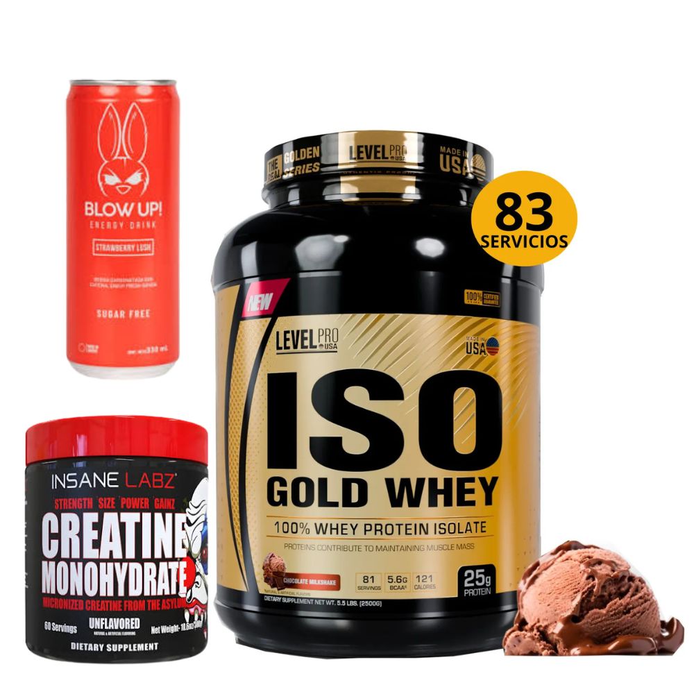 COMBO Iso Gold Whey 5Lb Chocolate - Level Pro- Creatina Insane Labz 300gr - Lata Regalo