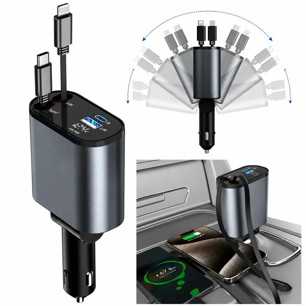 Adaptador de Carga Rápida para Auto 4 en 1 con Cables Retráctiles USB C y Lightning Pantalla Digital
