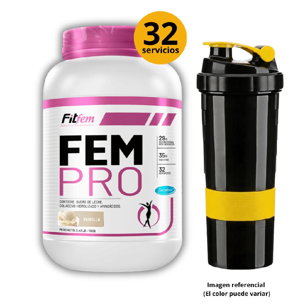 Proteína Fem Pro Whey 1.1KG Fit Fem Vainilla shaker de 3 cuerpos