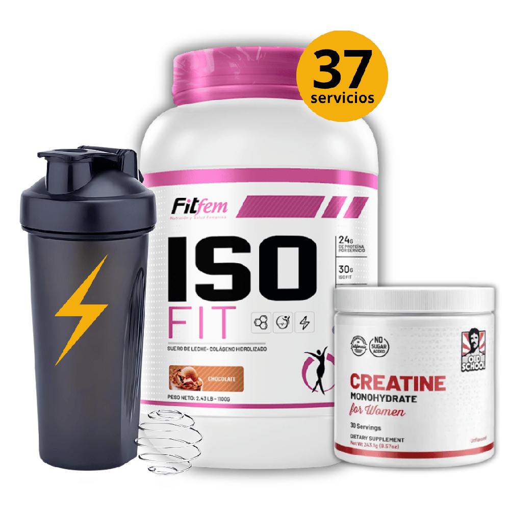 Proteína Iso Fit 1.1KG Fit Fem Chocolate Creatina para mujer 240GR Old school y shaker gratis