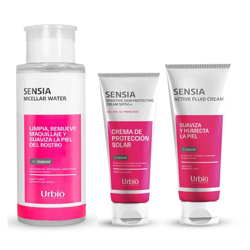 Crema Facial más Fotoprotector más Agua micelar Sensia para piel sensible