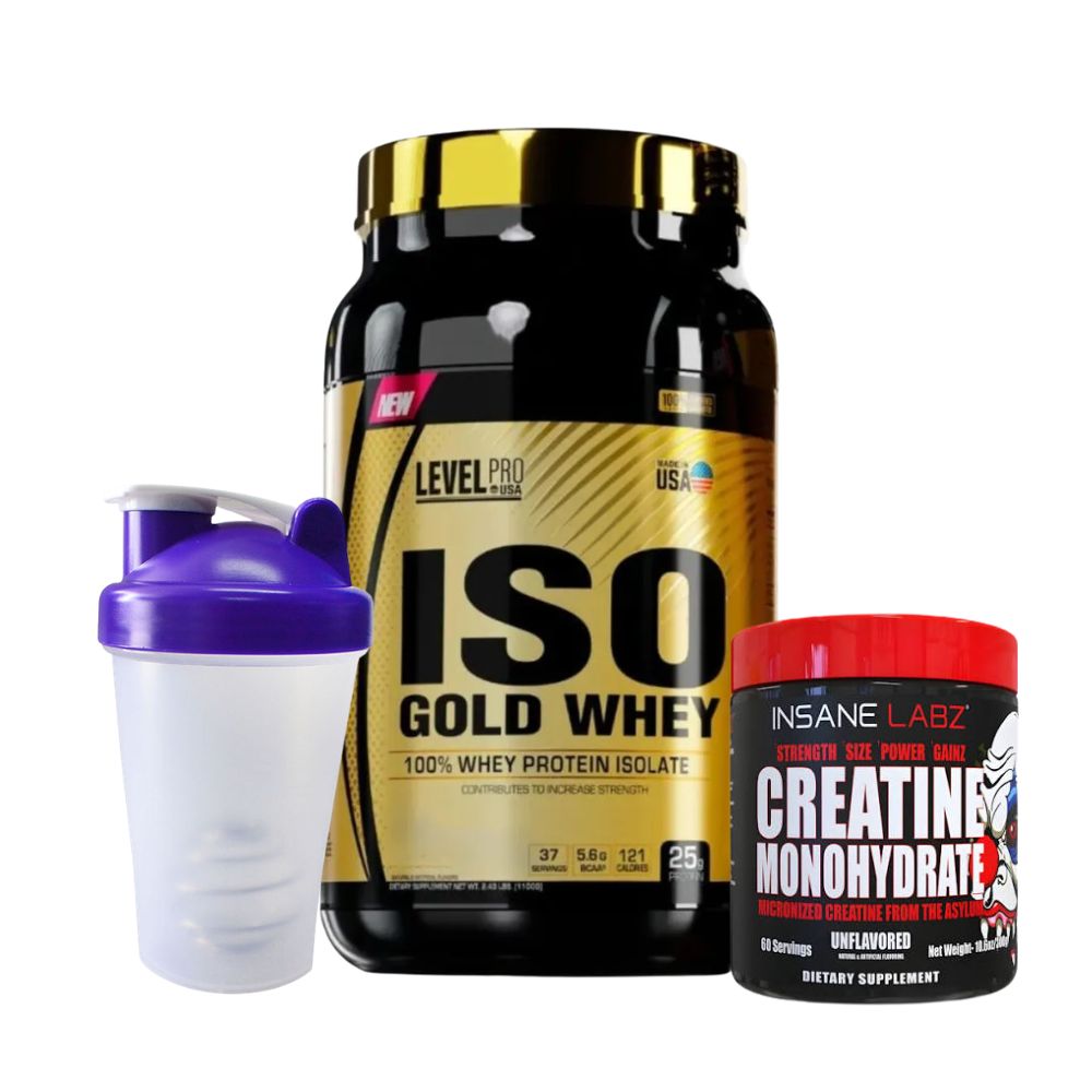 COMBO Iso Gold Whey 2.43 Lb Chocolate - Level Pro - Creatina Insane Labz de 300gr - Shaker de Regalo