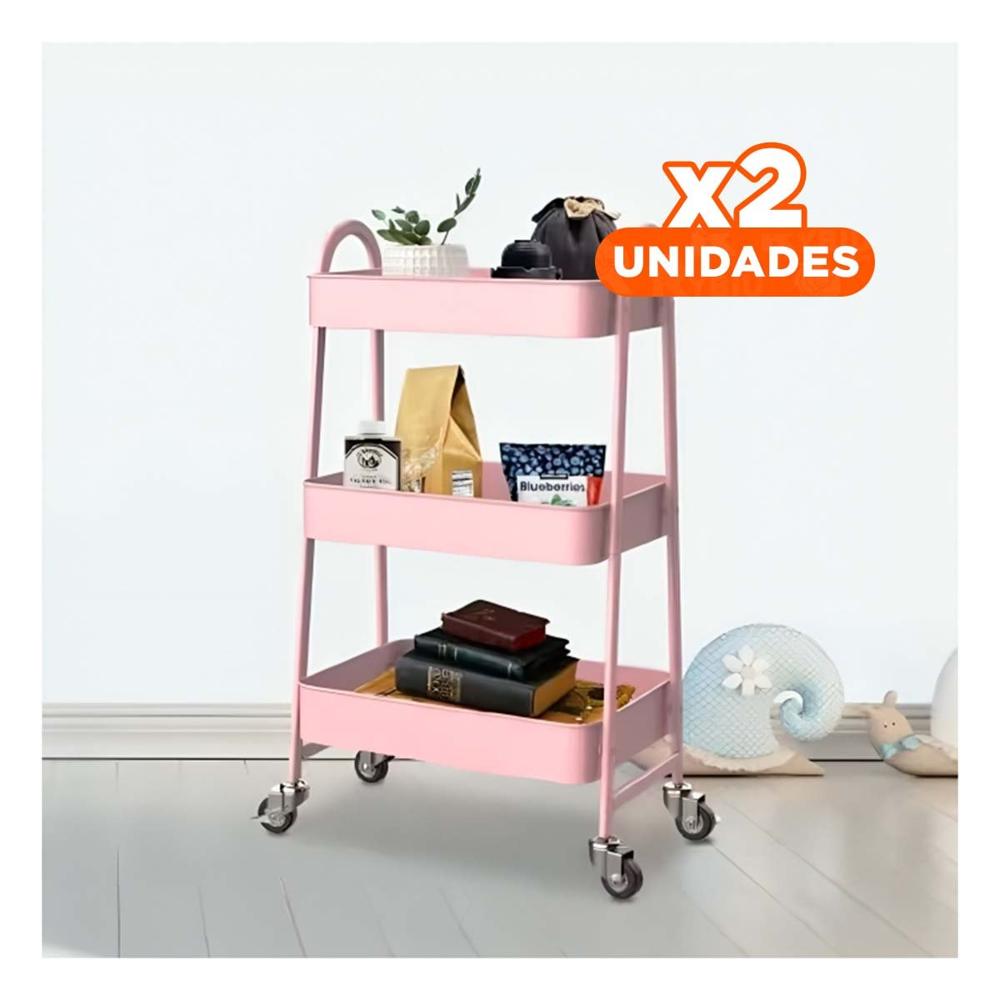 Pack2 Repisa movil 3 niveles con ruedas y asas metal rosado para sala y cocina Y Papel Regalo