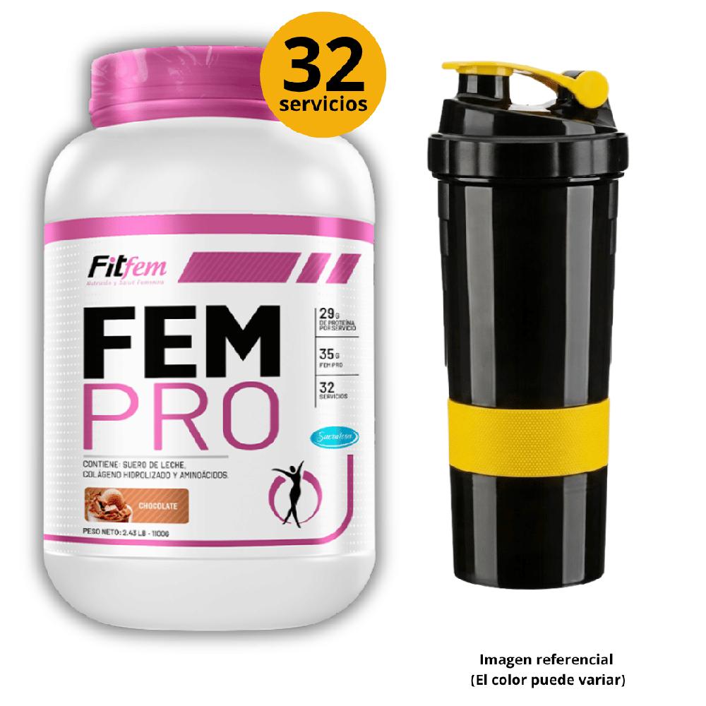 Proteína Fem Pro Whey 1.1KG Fit Fem Chocolate shaker de 3 cuerpos
