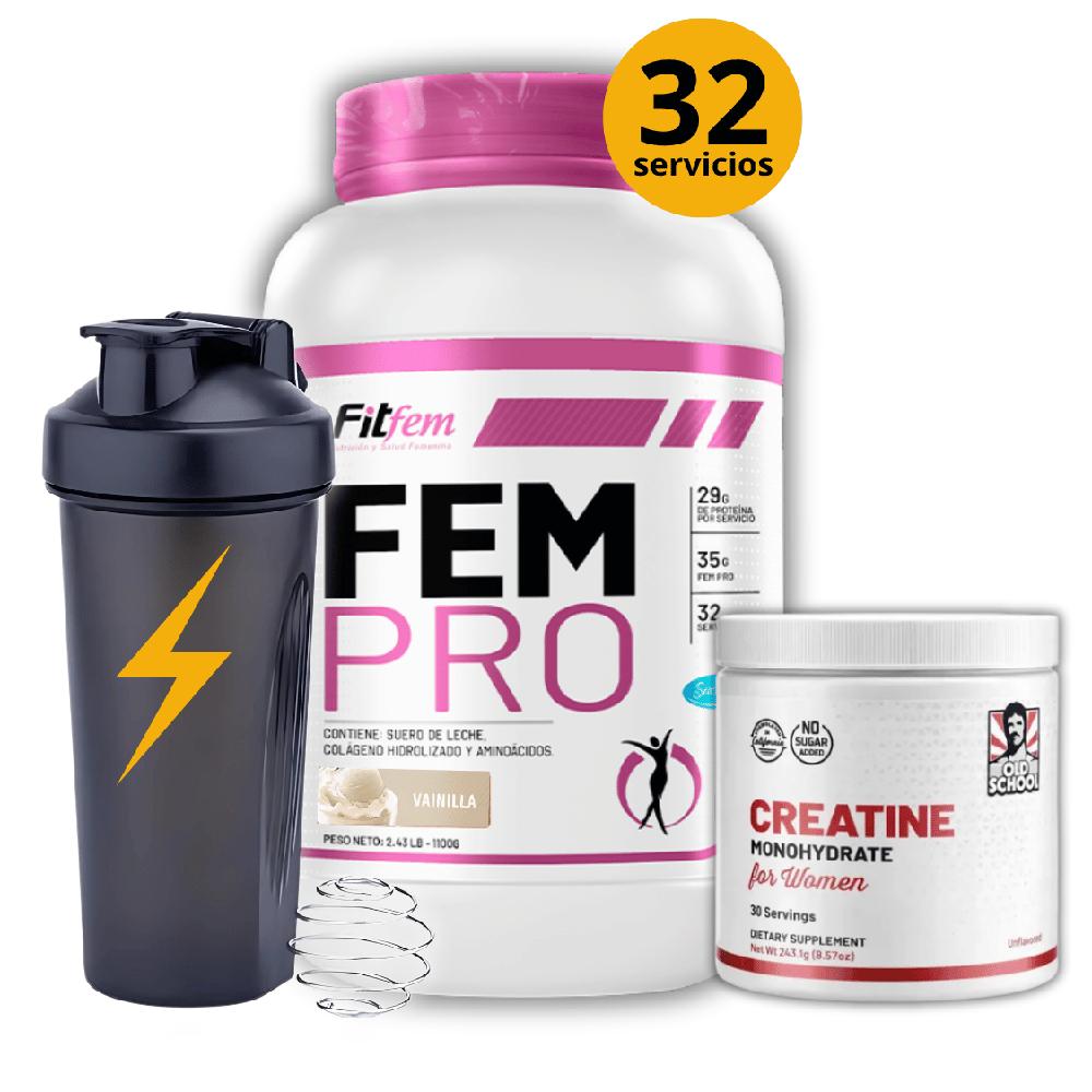 Proteína Fem Pro Whey 1.1KG Fit Fem Vainilla Creatina para mujer 240GR Old school y shaker gratis