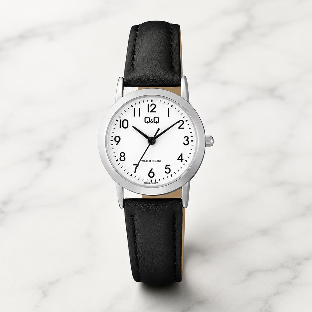 Reloj QyQ para Mujer Modelo Clásico Elegante con Correa de Cuero Negra Modelo C40A-009PY