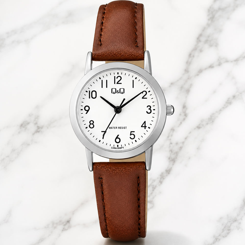 Reloj QyQ Analógico Elegante con Correa de Cuero Marrón Modelo C40A-008PY Regalo Elegante para Mujer