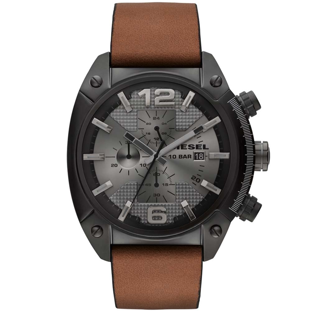 Reloj Diesel Overflow DZ4317 Fecha Cronometro Correa de Cuero Marron Acero Negro