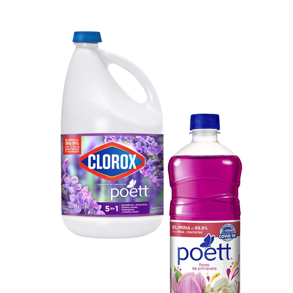 Pack Lejía CLOROX Lavanda & Jazmín Botella 4Kg + Limpiador POETT Flores de Primavera Botella 900ml