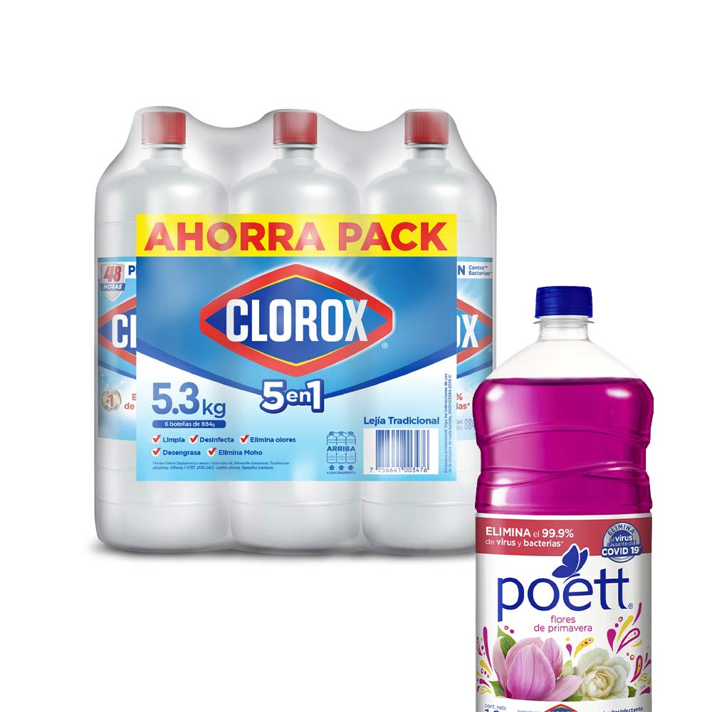 Pack Lejía CLOROX Tradicional Ahorrapack Botella 884g Paquete 6un + Limpiador POETT Flores de Primavera Botella 1.8L